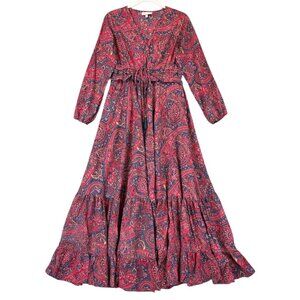 Boemo Dress Womens Small Petite Pink Blue Paisley Maxi Long Sleeve Boho Tiered